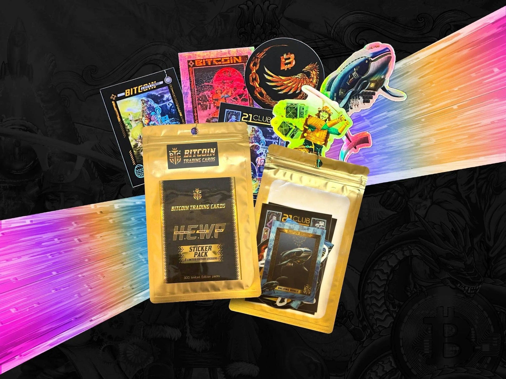 Promotional graphic for the Bitcoin Trading Cards 'H.E.W.P' Sticker Pack, featuring the gold foil pack and stickers displayed against a dynamic background of rainbow-colored speed lines, suggesting rapid movement or 'warp speed'.