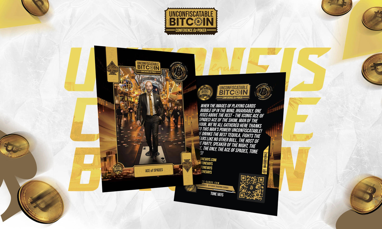 Front and back view of the 'Ace of Spades' trading card from the Unconfiscatable set, featuring Tone Vays walking confidently down a Las Vegas street in a suit, with back text praising him as the 'host of the party' and a 'bull who fights bears'