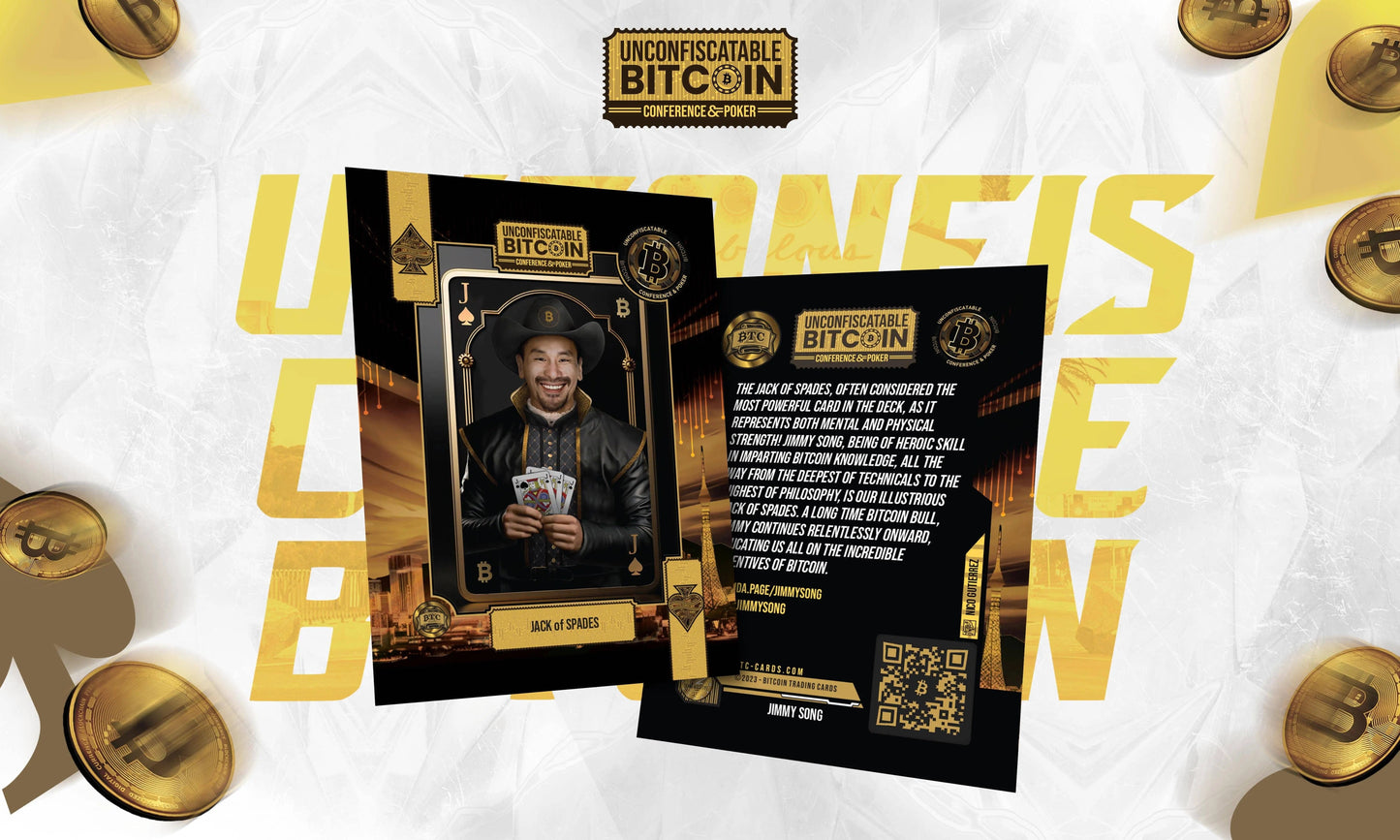 Front and back view of the 'Jack of Spades' trading card from the Unconfiscatable set, featuring Jimmy Song in a cowboy hat and tunic holding four aces, with back text praising his 'heroic skill' and 'relentless' teaching of Bitcoin.