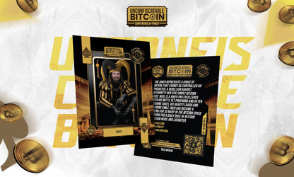 Front and back view of the 'Joker' trading card from the Unconfiscatable set, featuring Nico Moran dressed as a jester, with back text describing him as a 'force of nature', 'rebellion against authority', and the host of 'Simply Bitcoin'.