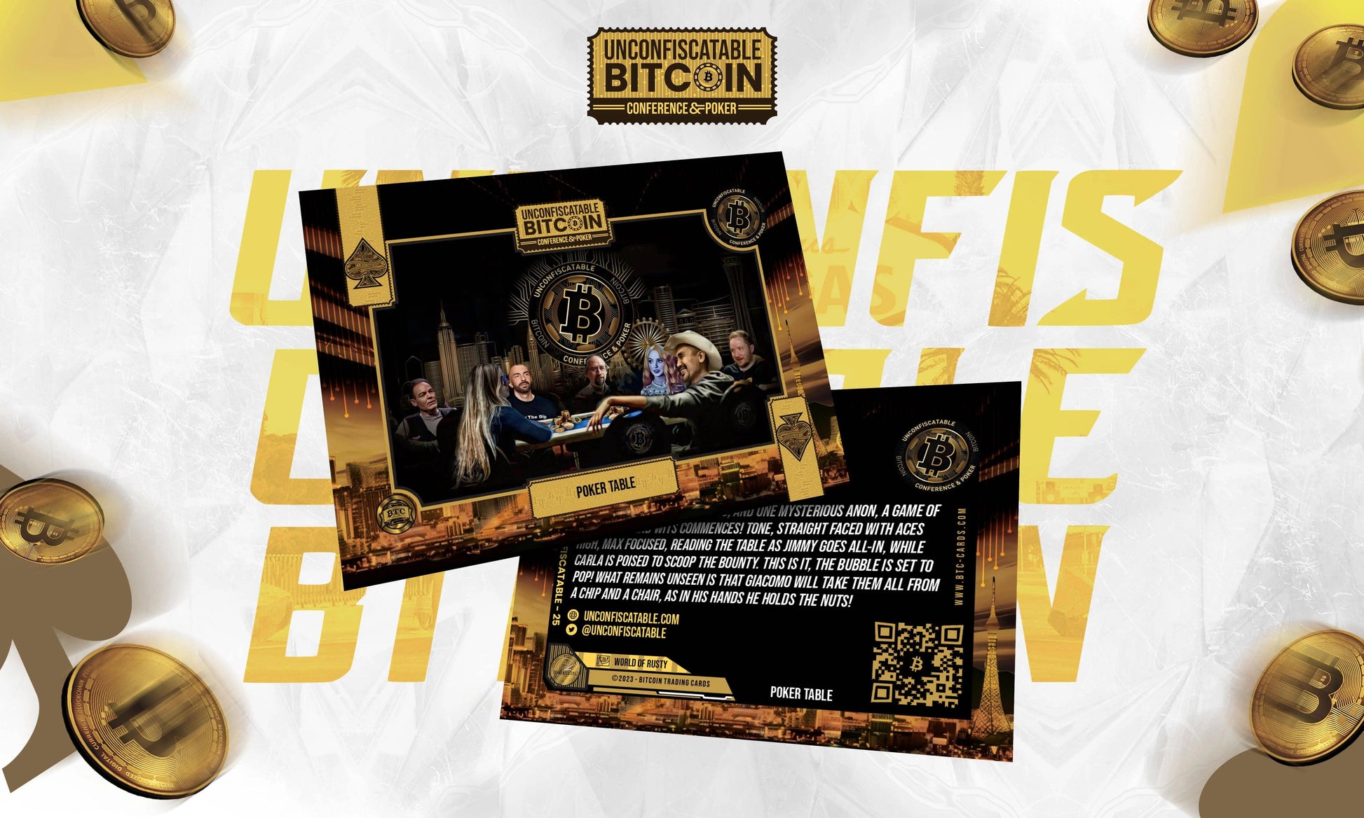 Front and back view of the 'Poker Table' trading card from the Unconfiscatable set, featuring a composite image of Bitcoin personalities like Jimmy Song and Max Keiser playing poker, with back text describing the high-stakes game.