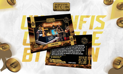 Front and back view of the 'Scammy Awards' trading card from the Unconfiscatable set, featuring artwork of a 'Rug Pull' character, a Bored Ape NFT, and a questionable trophy, with back text mocking 'grifters' and 'poop coinery'.