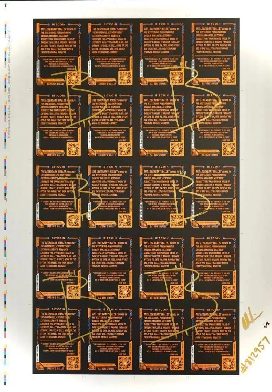 Uncut production press sheet for Bitcoin Trading Cards featuring a grid of 'Satoshi's Wallet' cards from Series 2, overlaid with a large gold Bitcoin logo and printer's proof notes.