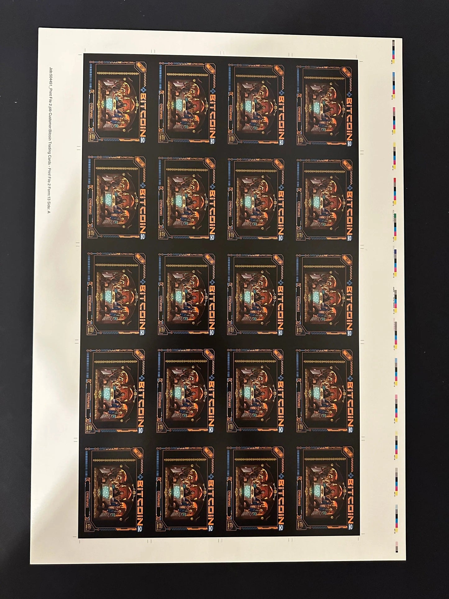Full uncut production press sheet for Bitcoin Trading Cards displaying the 'Cypherpunks' card grid, featuring a 'Last Supper' style illustration of famous crypto pioneers with printer calibration marks.