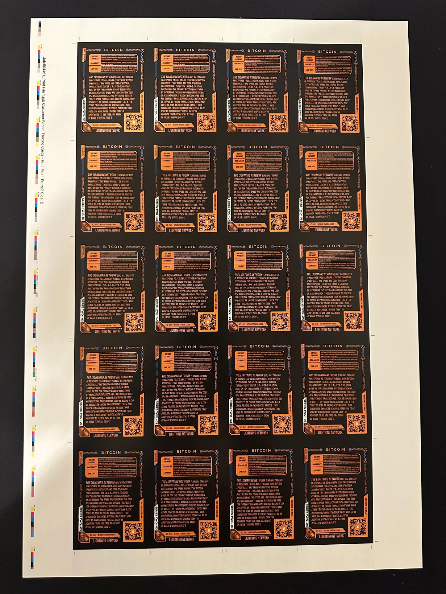 Back of an uncut production press sheet for Bitcoin Trading Cards displaying the text side of 'Lightning Network' cards with printer color bars and crop marks.
