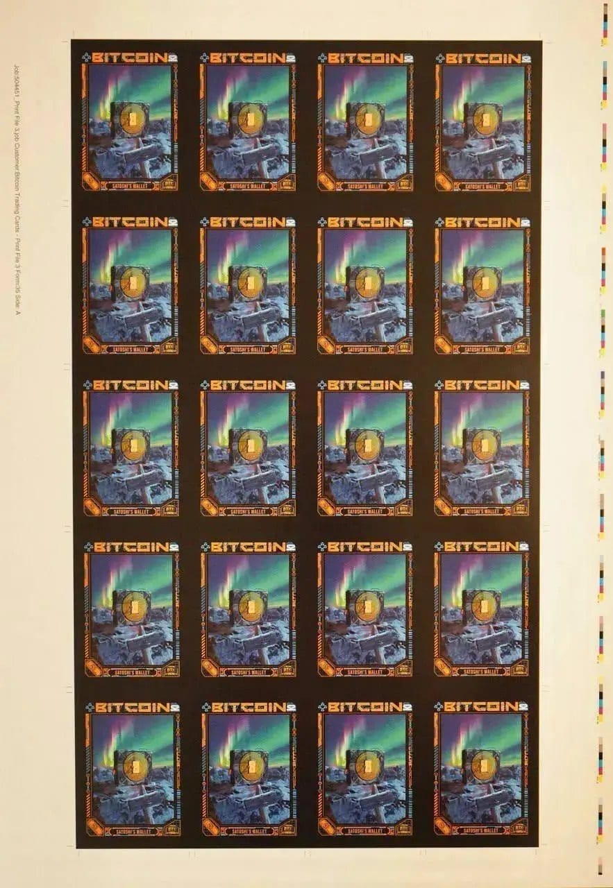 Full flat view of an uncut production press sheet for Bitcoin Trading Cards showing the complete grid of 'Satoshi's Wallet' card artwork.