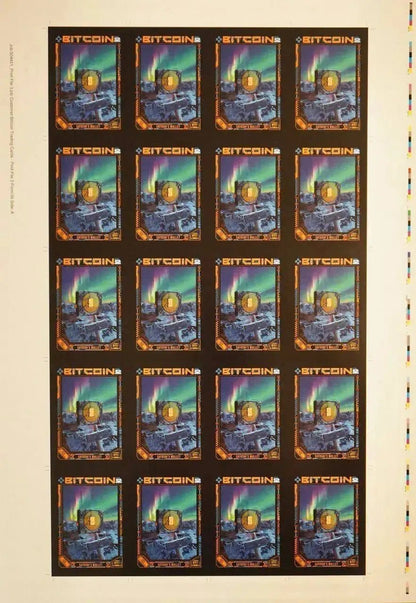 Full flat view of an uncut production press sheet for Bitcoin Trading Cards showing the complete grid of 'Satoshi's Wallet' card artwork.