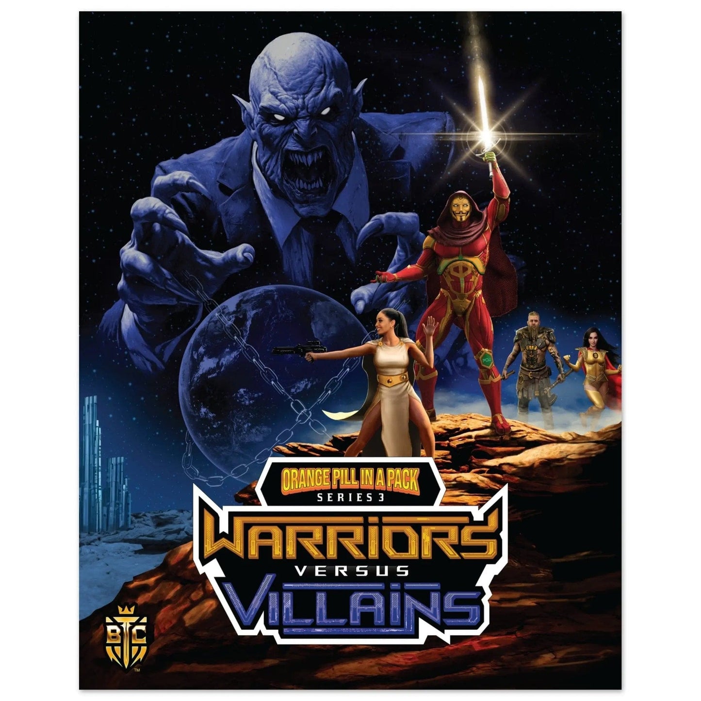 Promotional poster for Warriors vs Villains Series 3 featuring heroes defending a chained Earth from a giant blue villain.