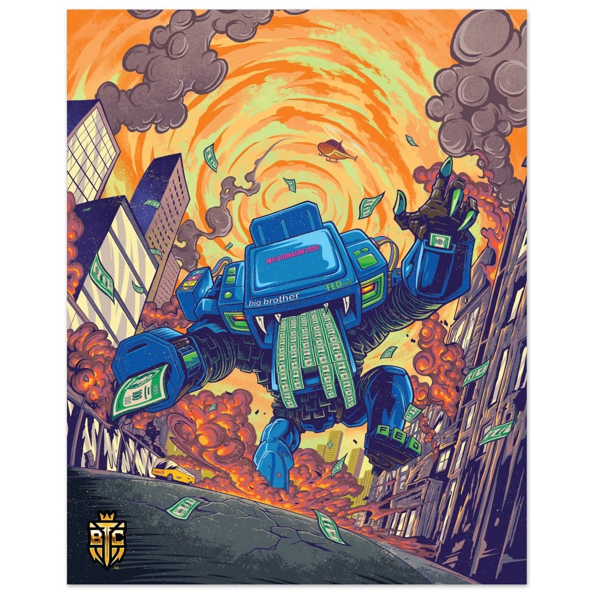 Giant cyberpunk robot labeled FED and Big Brother destroying a city while printing money, symbolizing inflation.