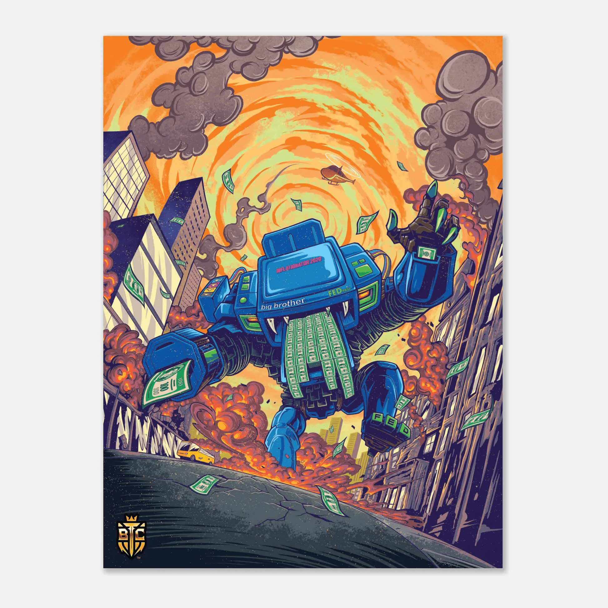 Giant cyberpunk robot labeled FED and Big Brother destroying a city while printing money, symbolizing inflation.