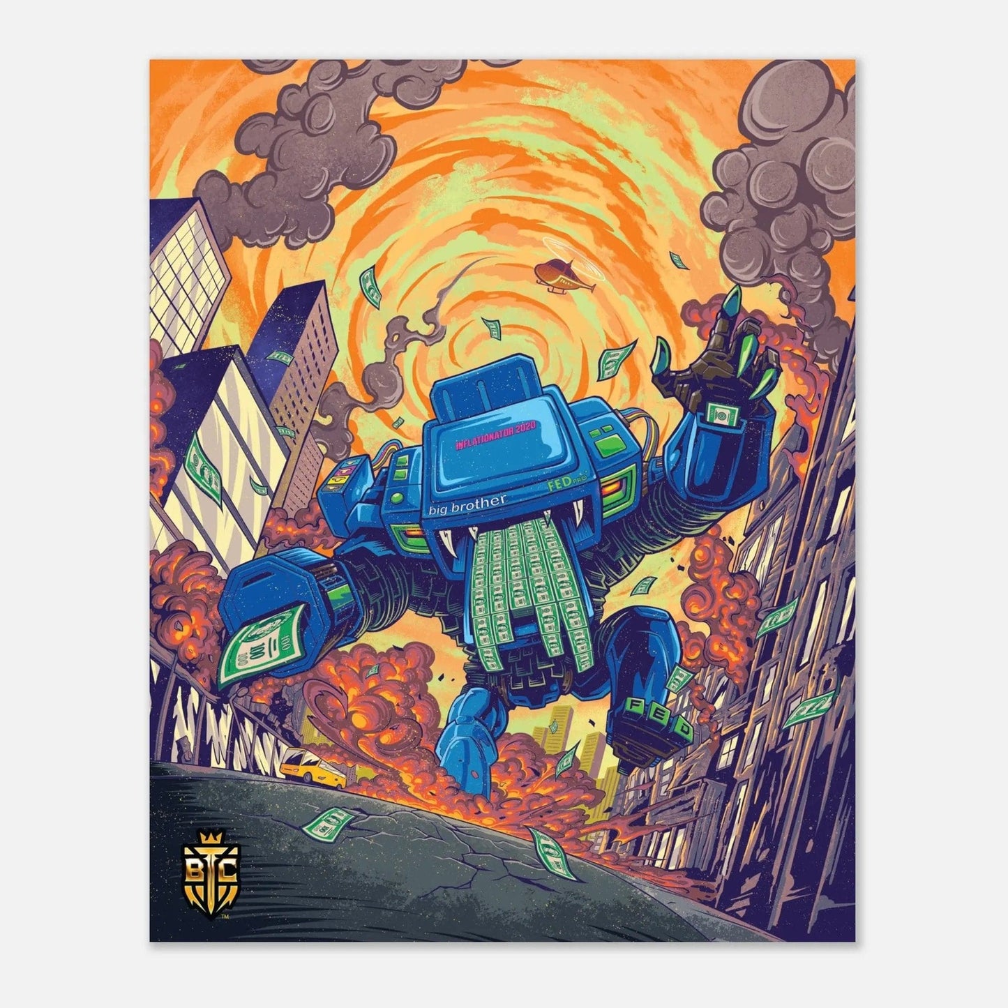 Giant cyberpunk robot labeled FED and Big Brother destroying a city while printing money, symbolizing inflation.