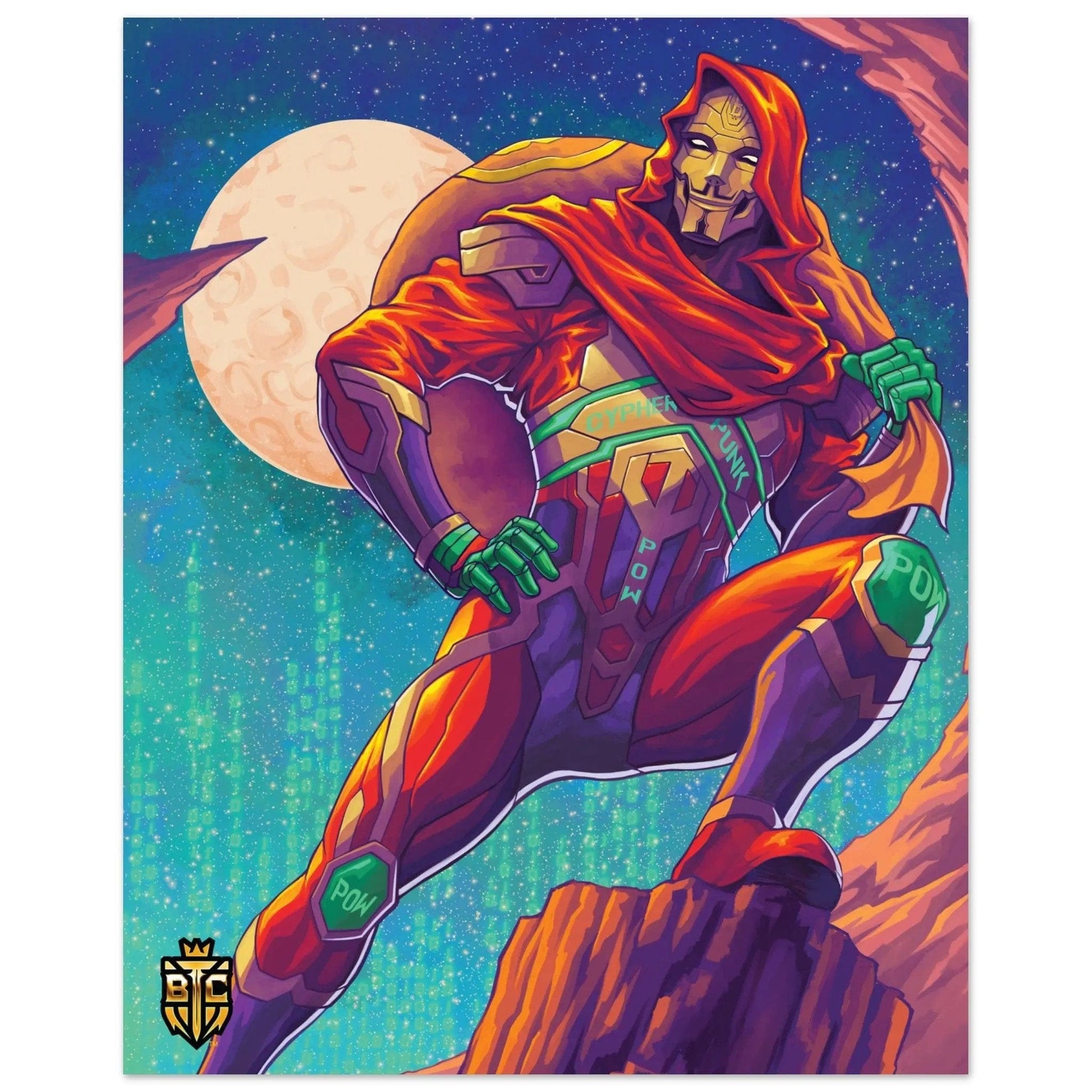 Cyberpunk superhero wearing a Guy Fawkes mask and red cape posing on a rock against a moon and digital rain background.
