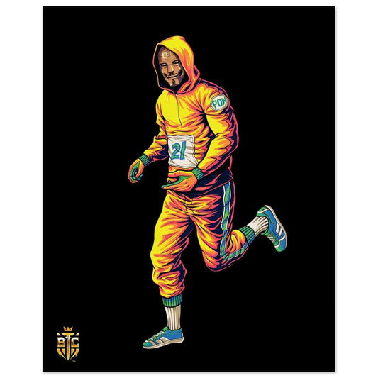 Cyberpunk runner in a yellow tracksuit and Guy Fawkes mask sprinting, featuring the number 21 and a POW patch.