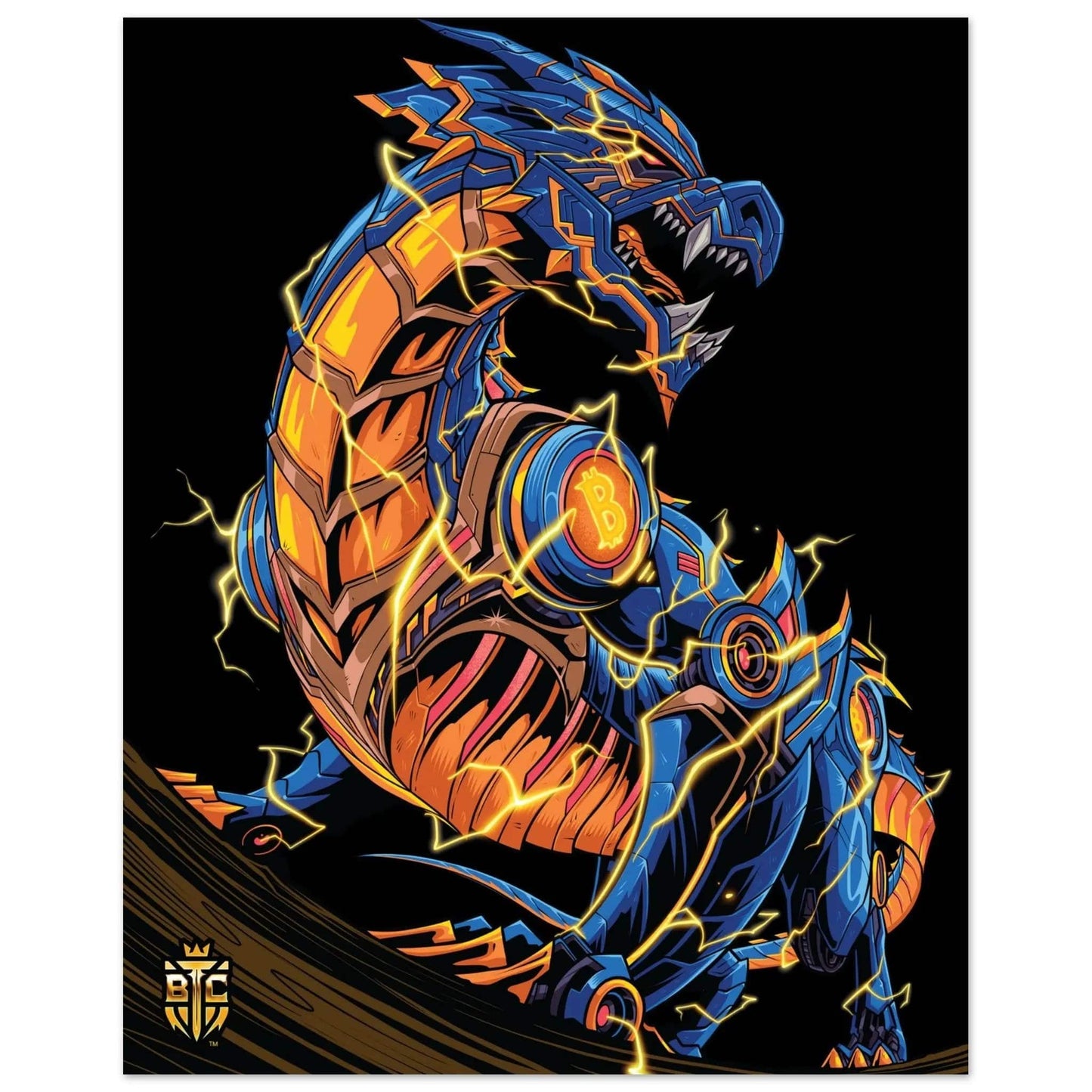 Fierce cyberpunk dragon in blue and orange armor emitting lightning bolts, featuring a Bitcoin logo on its shoulder.