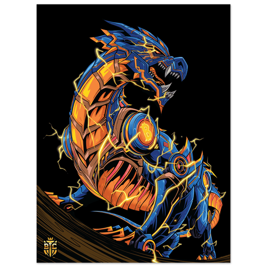 Mechanical cyberpunk dragon with blue and orange armor featuring a Bitcoin logo and electrical lightning effects on a black background.