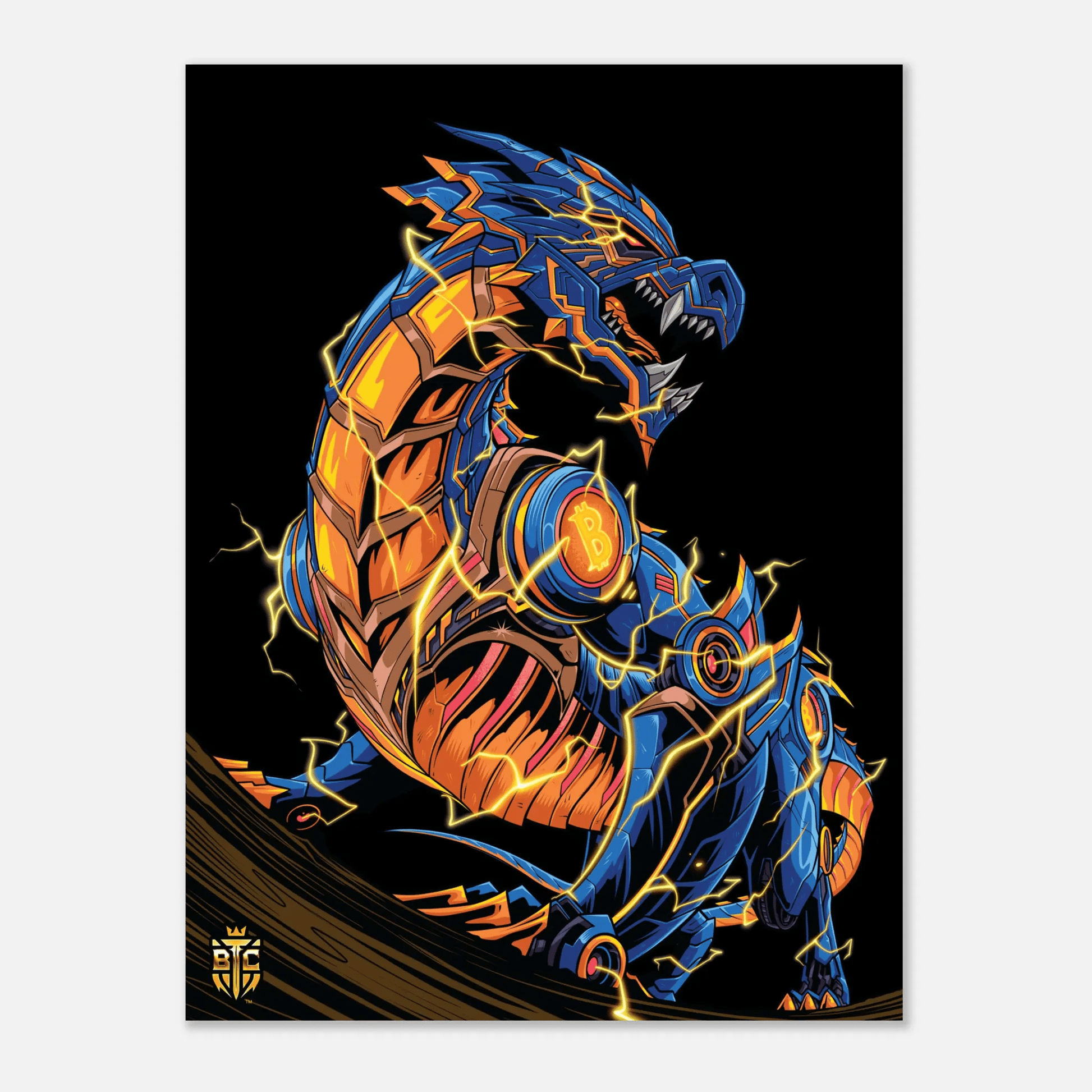 Fierce cyberpunk dragon in blue and orange armor emitting lightning bolts, featuring a Bitcoin logo on its shoulder.
