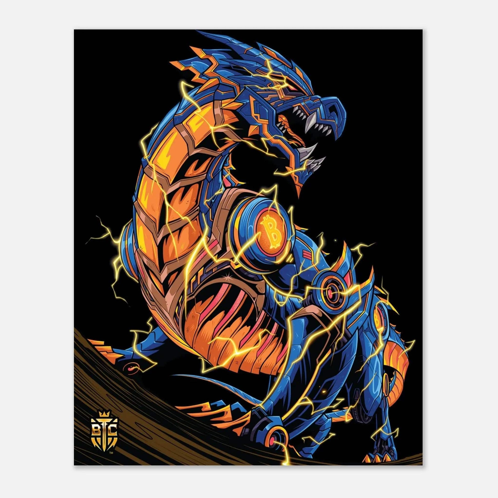 Fierce cyberpunk dragon in blue and orange armor emitting lightning bolts, featuring a Bitcoin logo on its shoulder.