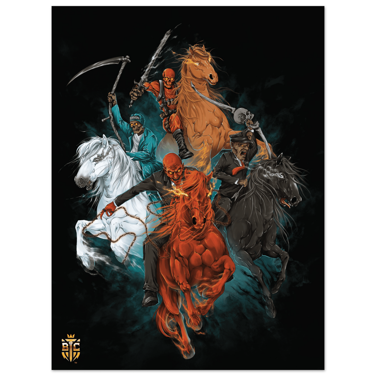Bitcoin Trading Cards poster art depicting the Four Horsemen of the Apocalypse as skeletons riding four different colored horses.