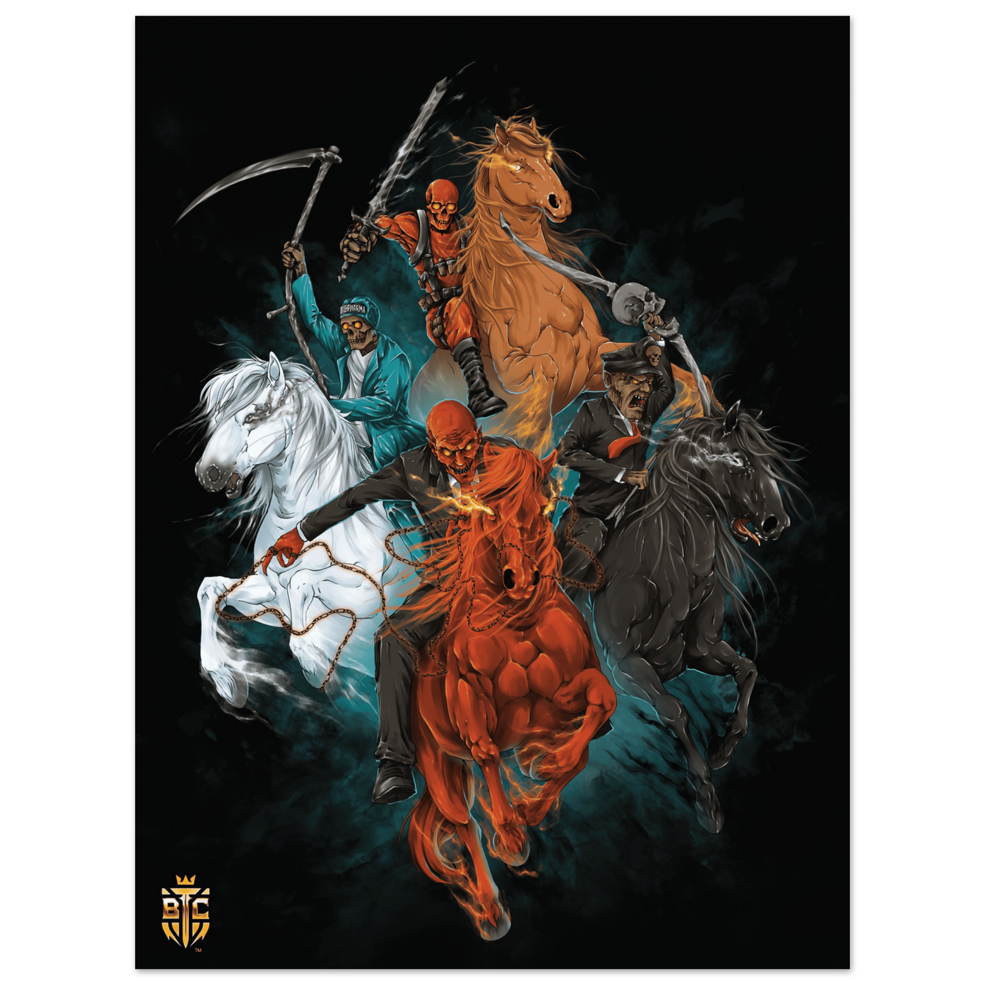 Bitcoin Trading Cards poster art depicting the Four Horsemen of the Apocalypse as skeletons riding four different colored horses.