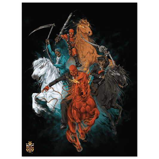 Bitcoin Trading Cards poster art depicting the Four Horsemen of the Apocalypse as skeletons riding four different colored horses.