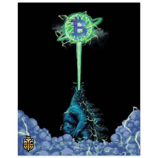 Godzilla firing a green atomic breath laser beam into a glowing Bitcoin logo floating in the night sky.