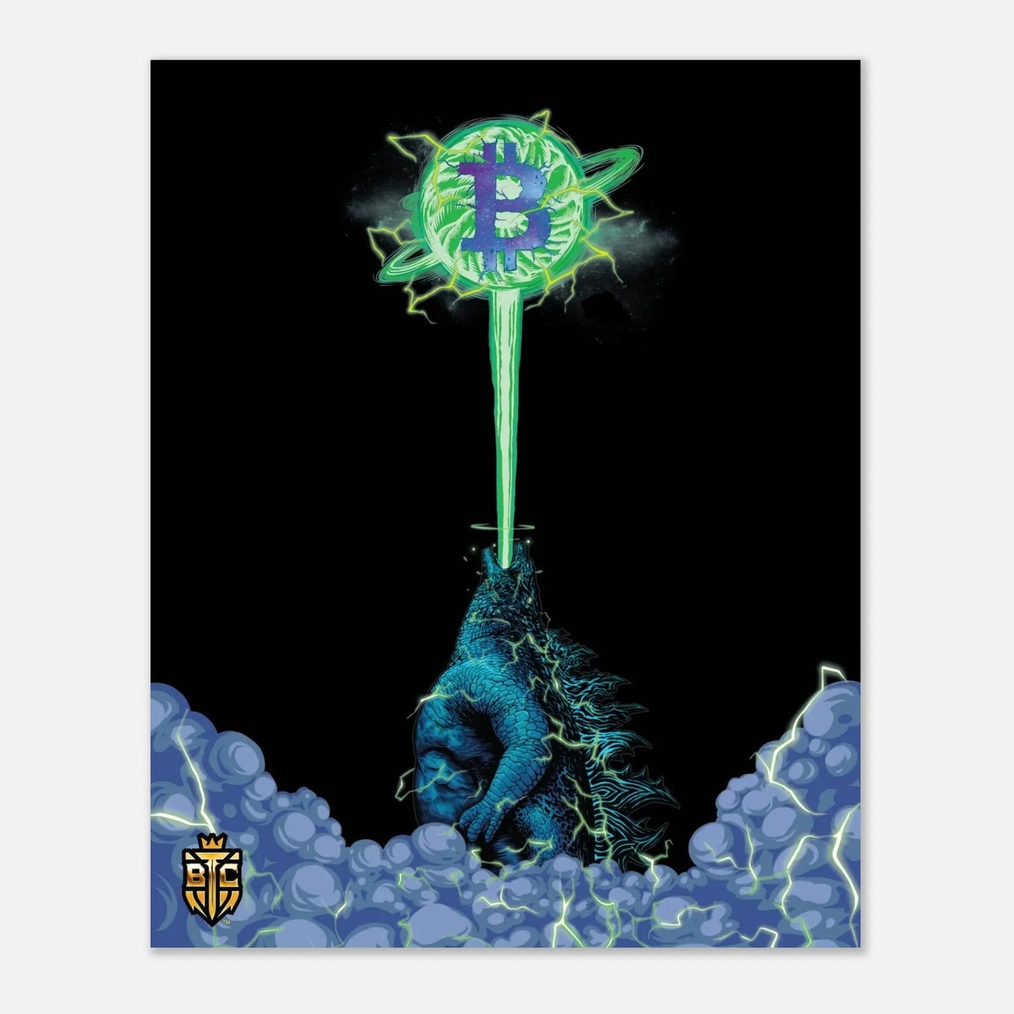 Godzilla firing a green atomic breath laser beam into a glowing Bitcoin logo floating in the night sky.