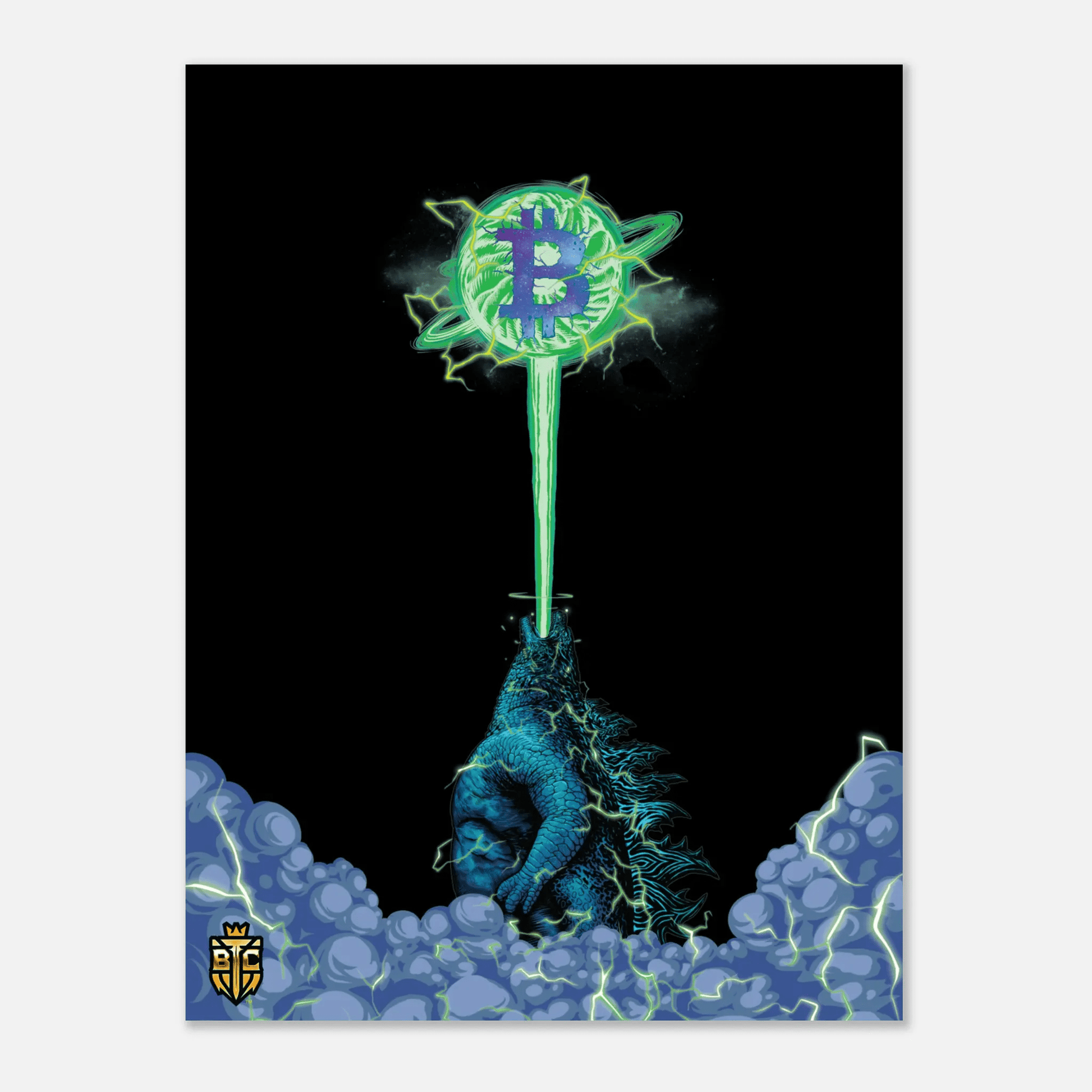 Godzilla firing a green atomic breath laser beam into a glowing Bitcoin logo floating in the night sky.