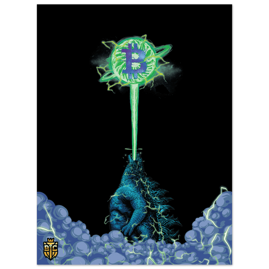 Godzilla firing a green atomic breath laser beam into a giant glowing Bitcoin logo floating in the night sky.