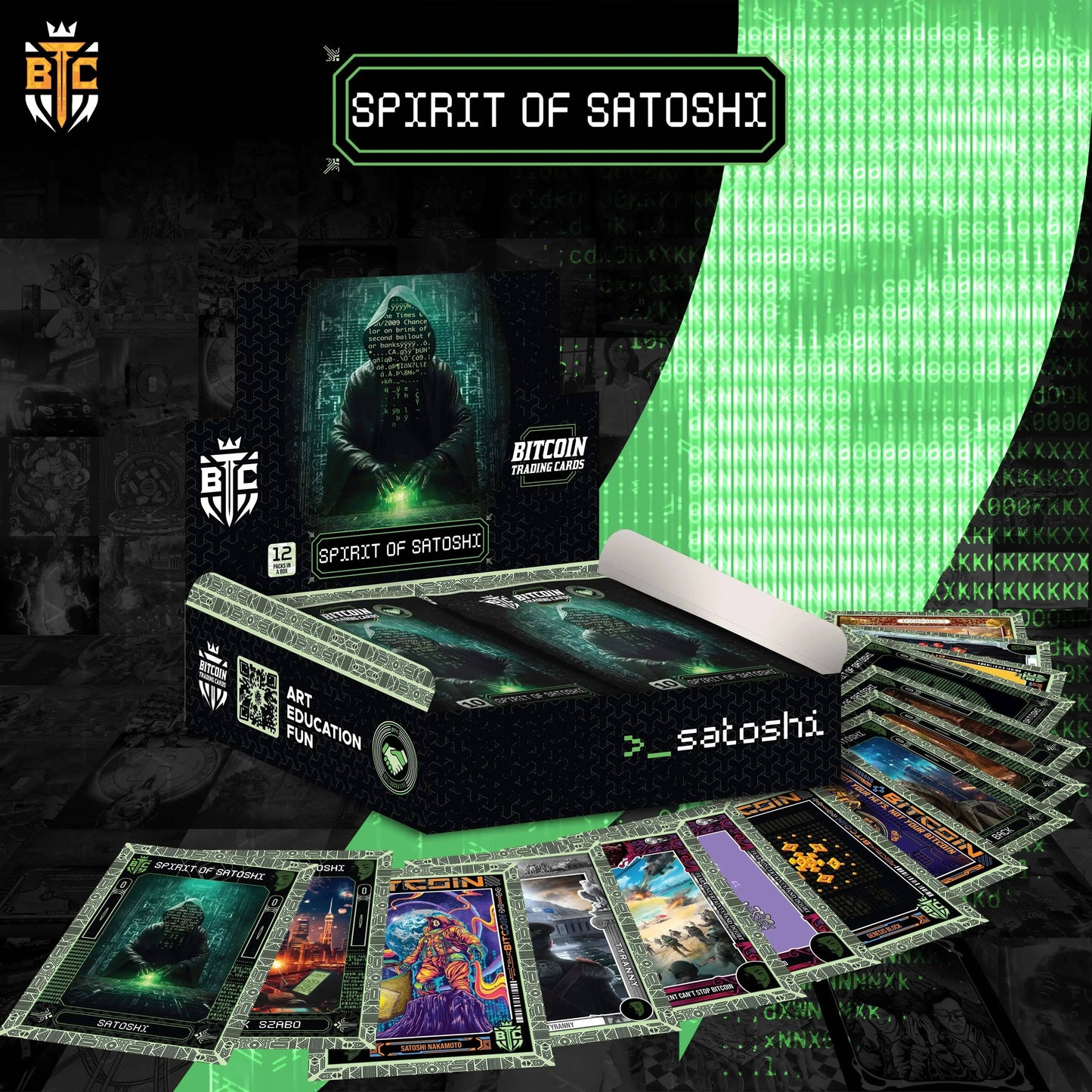 Spirit of Satoshi Bitcoin Trading Cards hobby box displayed with a fanned-out selection of holographic cards on a green Matrix code background.