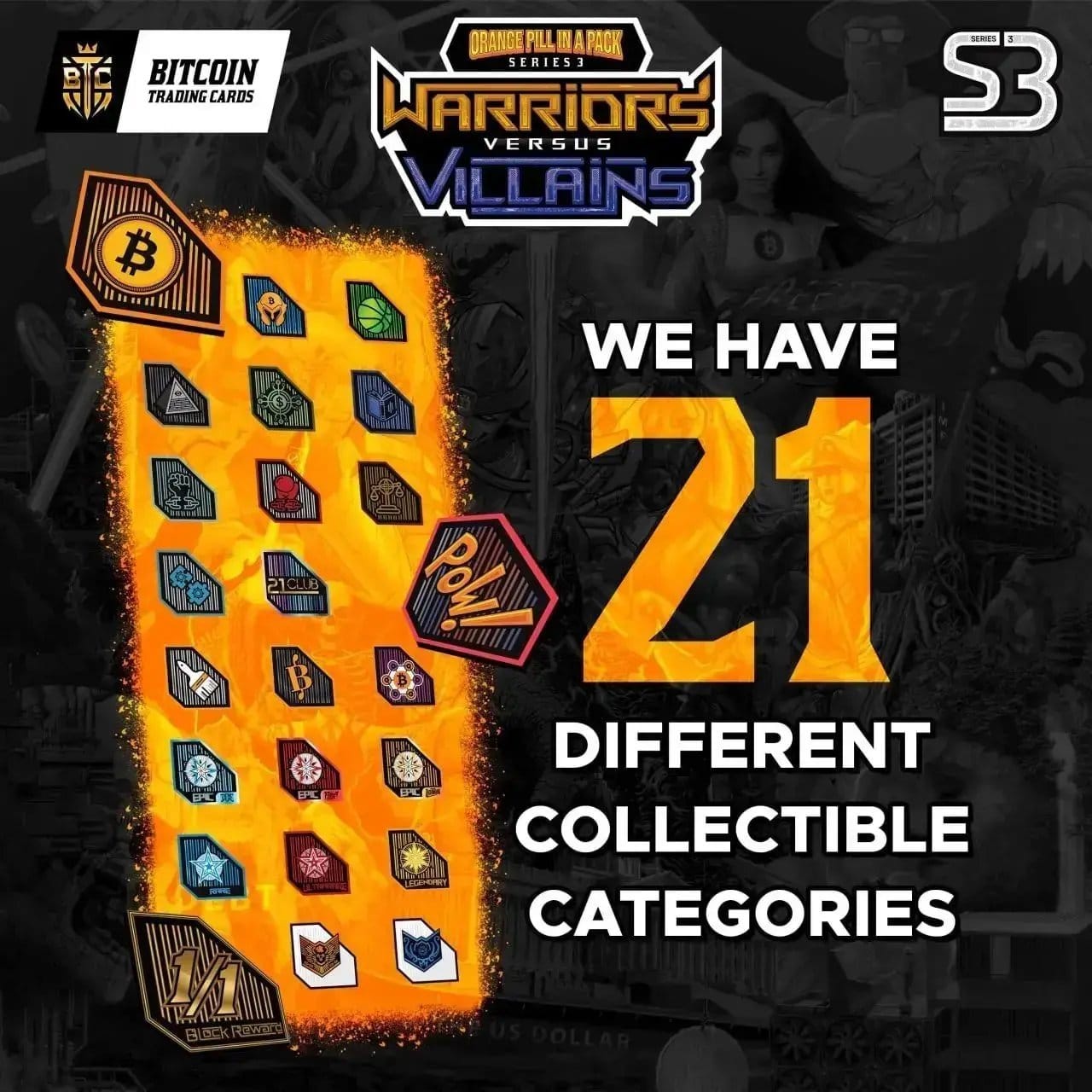 Infographic for Warriors vs Villains Series 3 displaying 21 different collectible category icons in a fiery orange column.