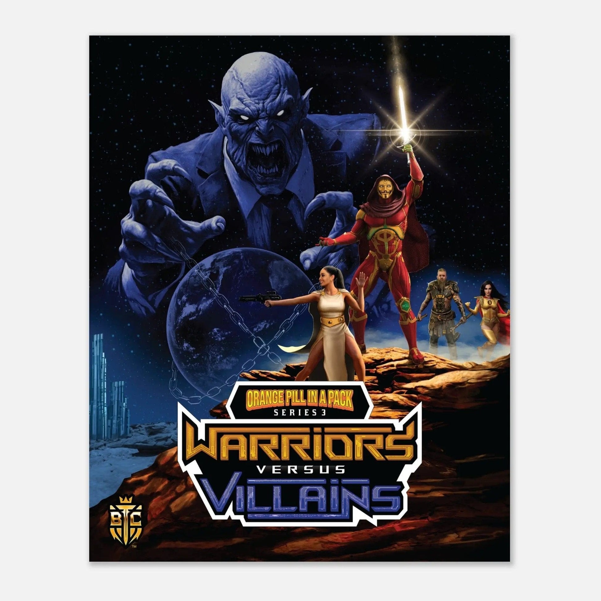 Digital art poster for Warriors vs Villains Series 3 showing heroes defending a chained planet Earth from a giant blue villain.