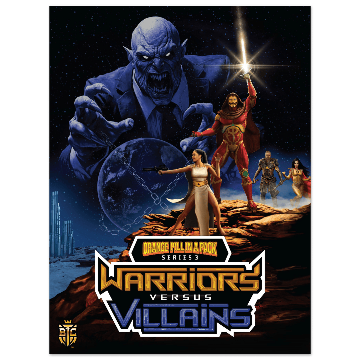Warriors vs Villains Series 3 poster showing heroes defending Earth from a giant blue villain in space.