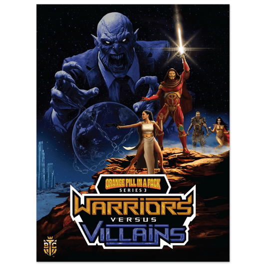 Warriors vs Villains Series 3 poster showing heroes defending Earth from a giant blue villain in space.