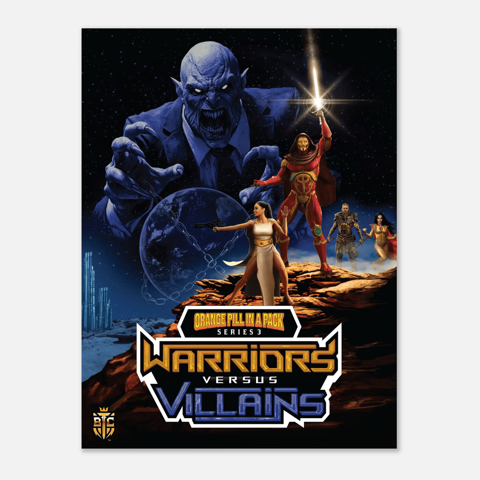 Warriors vs Villains Series 3 poster showing heroes defending Earth from a giant blue villain in space.
